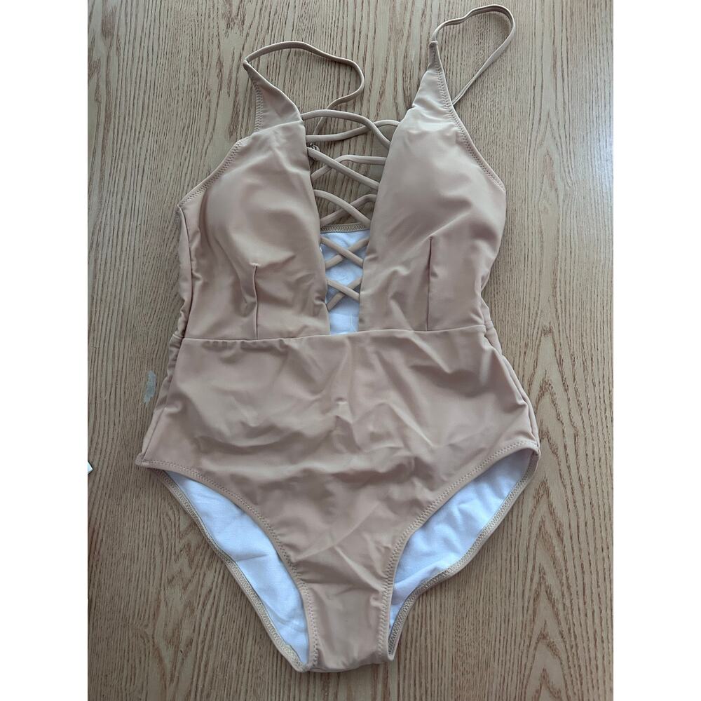 B45 New Women AMI Low Plunge 1pc Tan Khaki Swimsuit Small